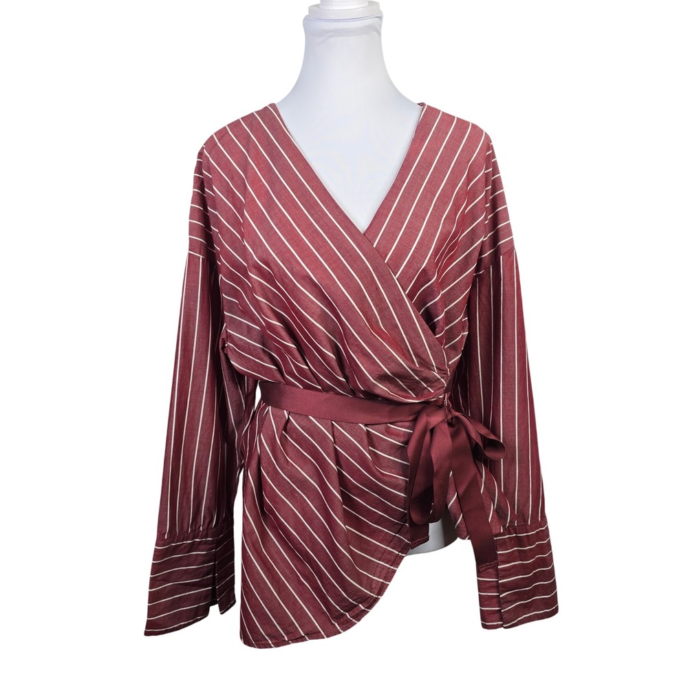 Who What Wear Womens Large Burgundy Striped Long Sleeve Wrap Blouse Side Tie Top
